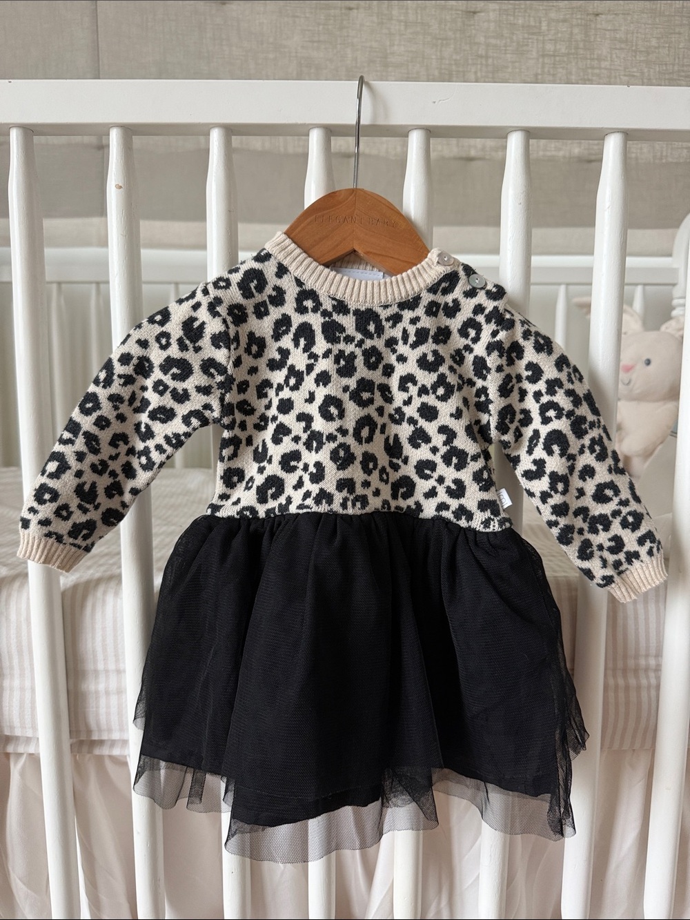 Elegant Baby Leopard Knit Dress with Black Tulle Skirt Dress